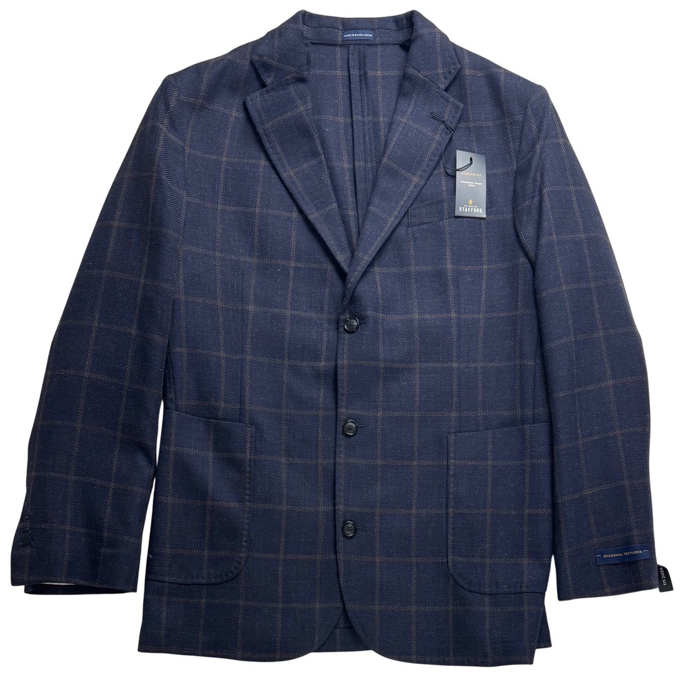 Stafford Classic Fit Navy Windowpane Wool Blend Sport Coat Blazer Mens 42R NEW